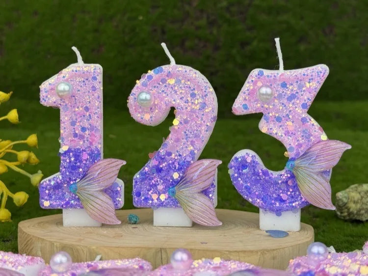 bougies numéraires paillettes sirène violet doré anniversaire décoration gâteau thème pois queue poisson festive