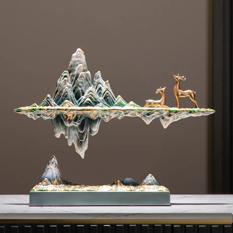 sculpture décorative résine verte montagnes stylisées animaux dorés moderne living room cadeau