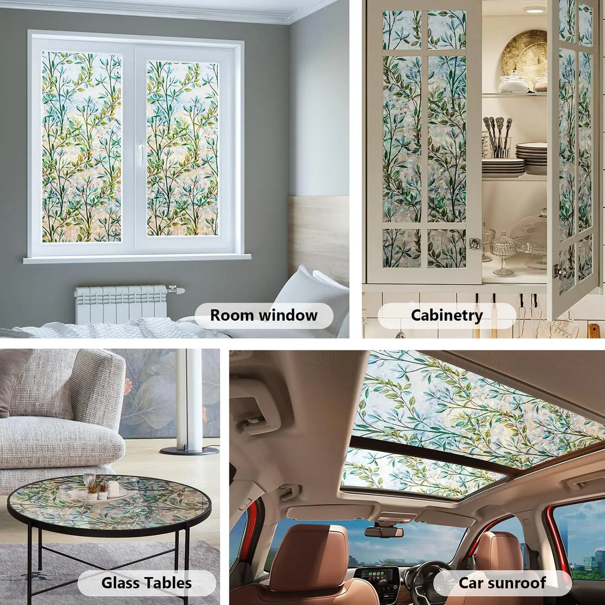 film décoratif fenêtre feuilles vertes motif géométrique moderne protection uv isolation thermique adhésif transparent