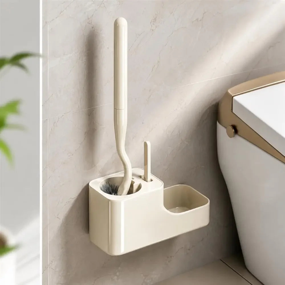 brosse wc long manche support mural beige bristles adhésif compartiment rangement moderne