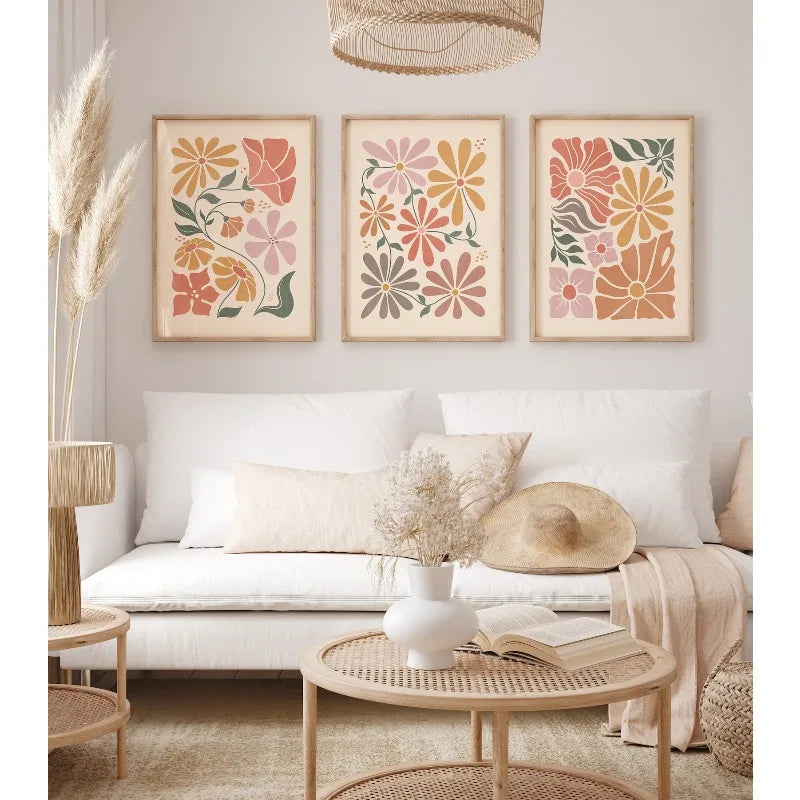 affiches abstraites fleurs tons chauds toile décoration murale sans cadre imperméable 3pcs