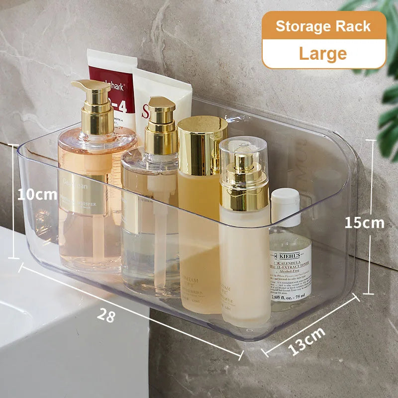 rangement mural adhésif transparent étagère salle bain organisation produits cosmétiques bouteilles minimalistestyle moderne