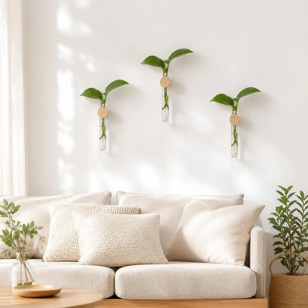 vase mural transparent bois minimaliste moderne adhésif fleur verteintérieur decoration geometrique retrohydroponie