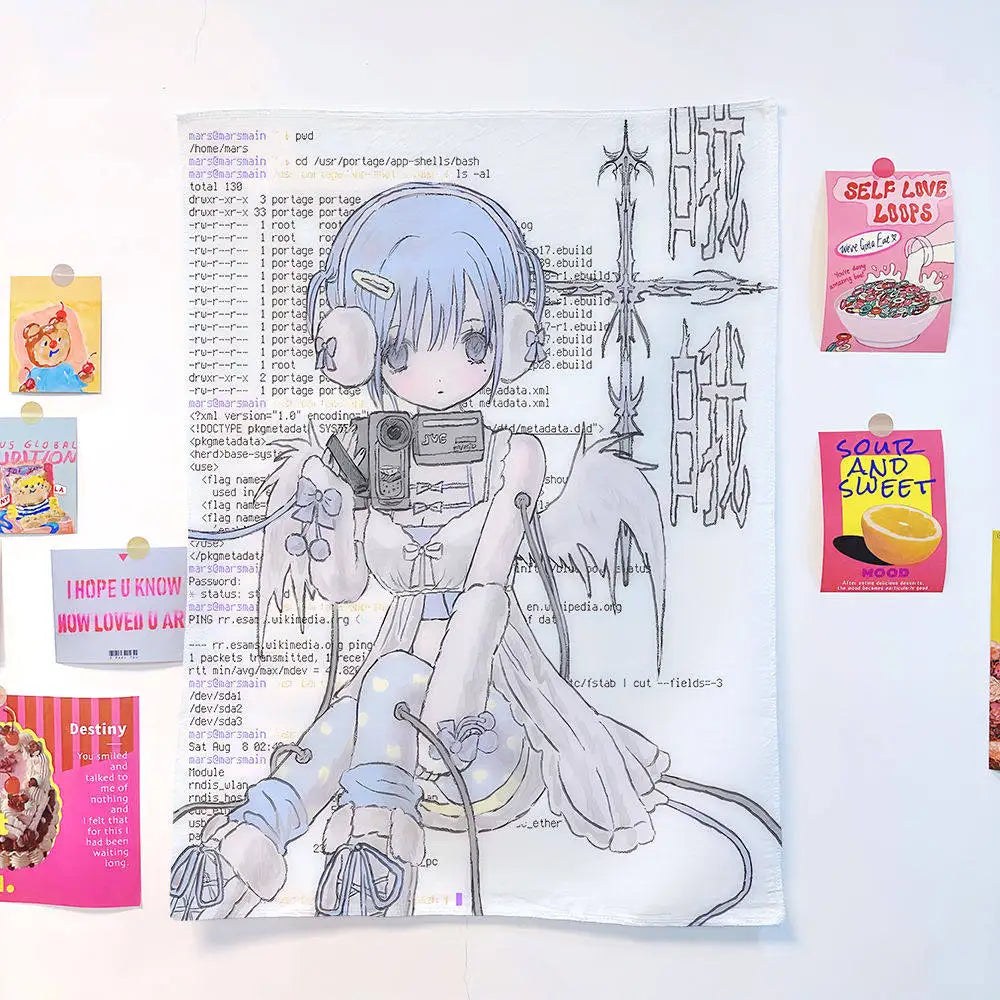serviette anime décoration chambre murale tissu blanc bleu rose gris motif informatique clips