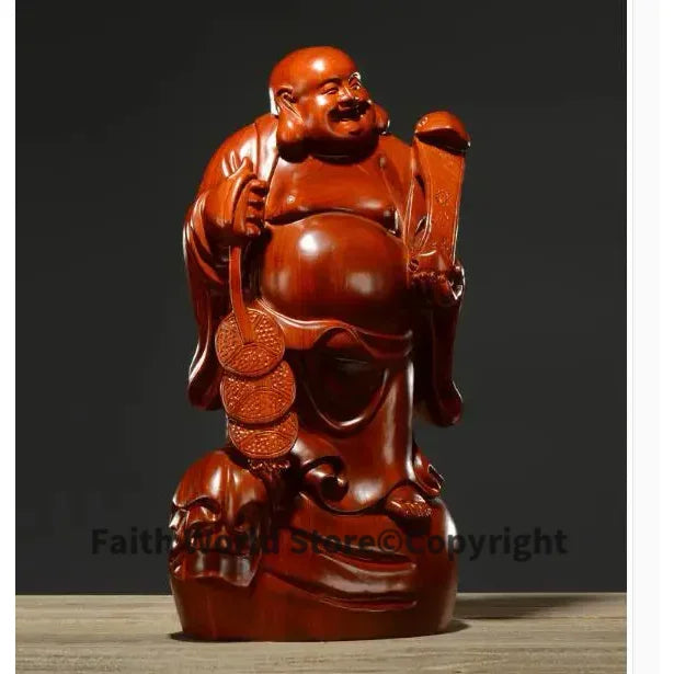 statue bois bouddha riant feng shui traditionnel asiatique base sculptée pièces monnaie bannière