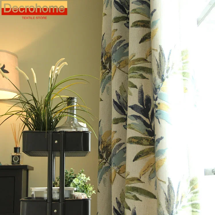 rideau classique feuilles stylisées beige bleu vert jaune opacité plissé général salon chambre