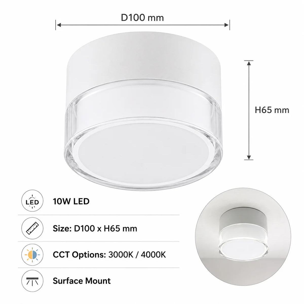 lampe led blanc moderne surface mount acrylique transparente 3000k 4000k rond minimaliste