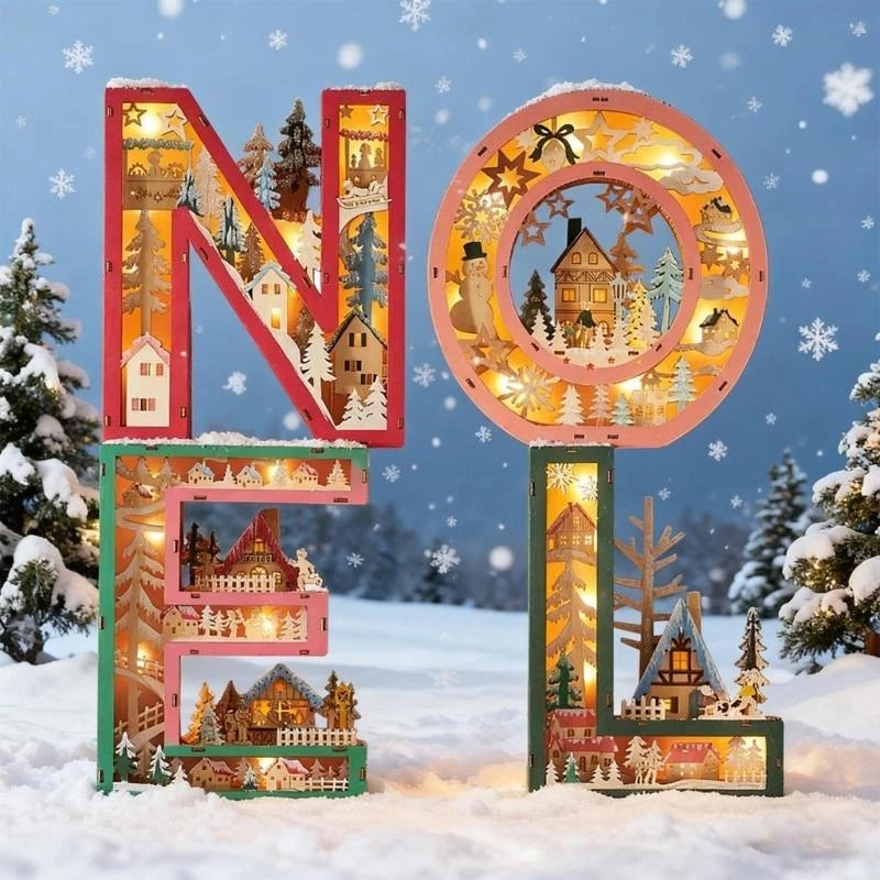 lettres décoratives noël rouge vert artisanal flocons neige manteau étagère affichage bois lumineux
