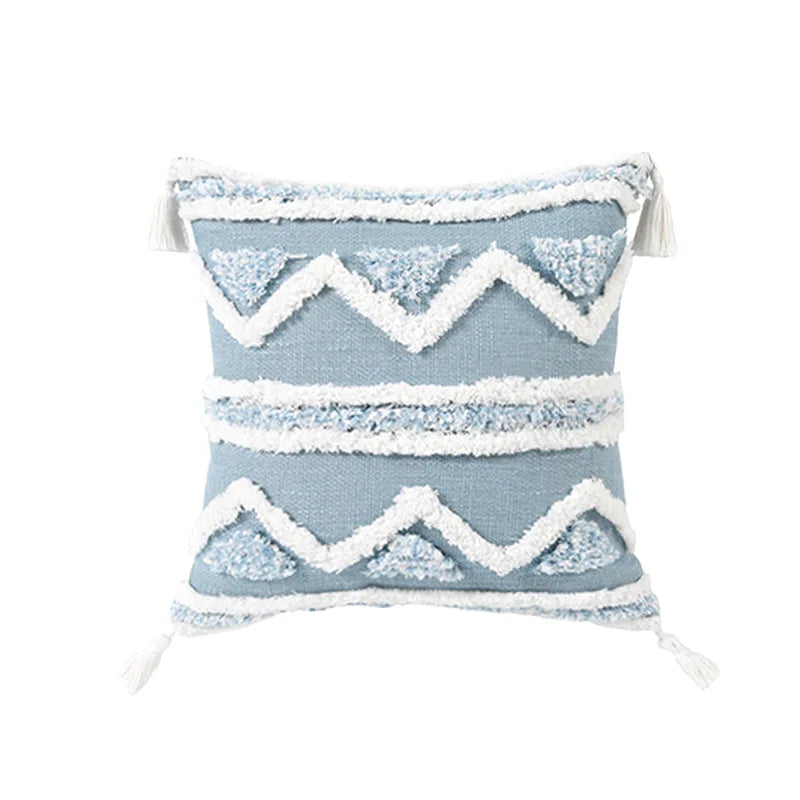 coussin decoratif bleu blanc motif geometrique moderne boho chic amovible lavable tassel adhésif coton