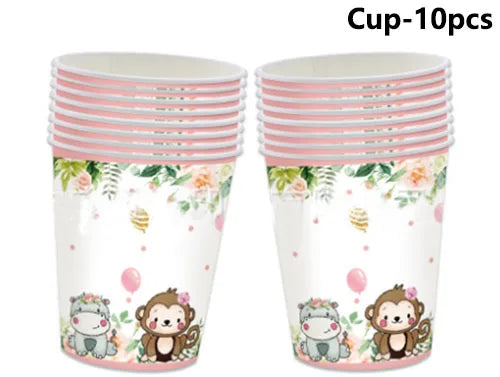décoration anniversaire thème jungle animaux rose serviettes papier assiettes guirlande happy birthday nappe aquarelle