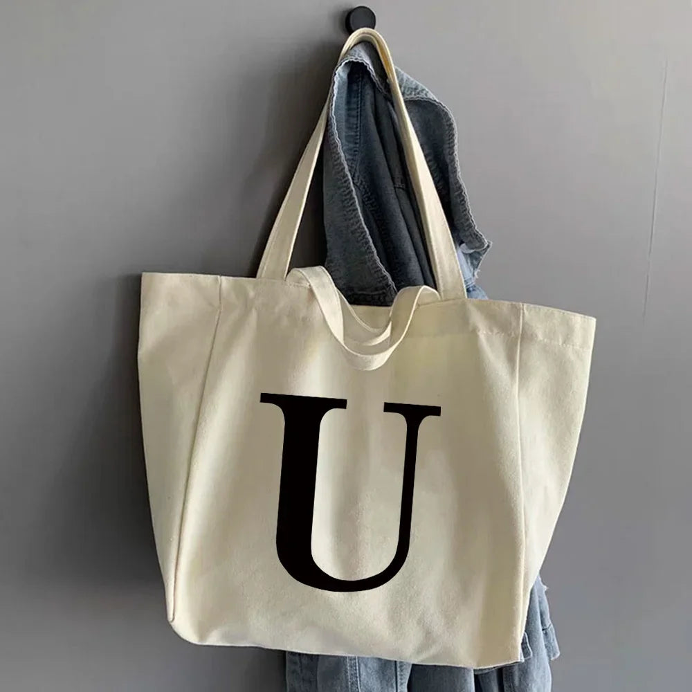 sac main femme toile beige clair lettre noire poignées détachables