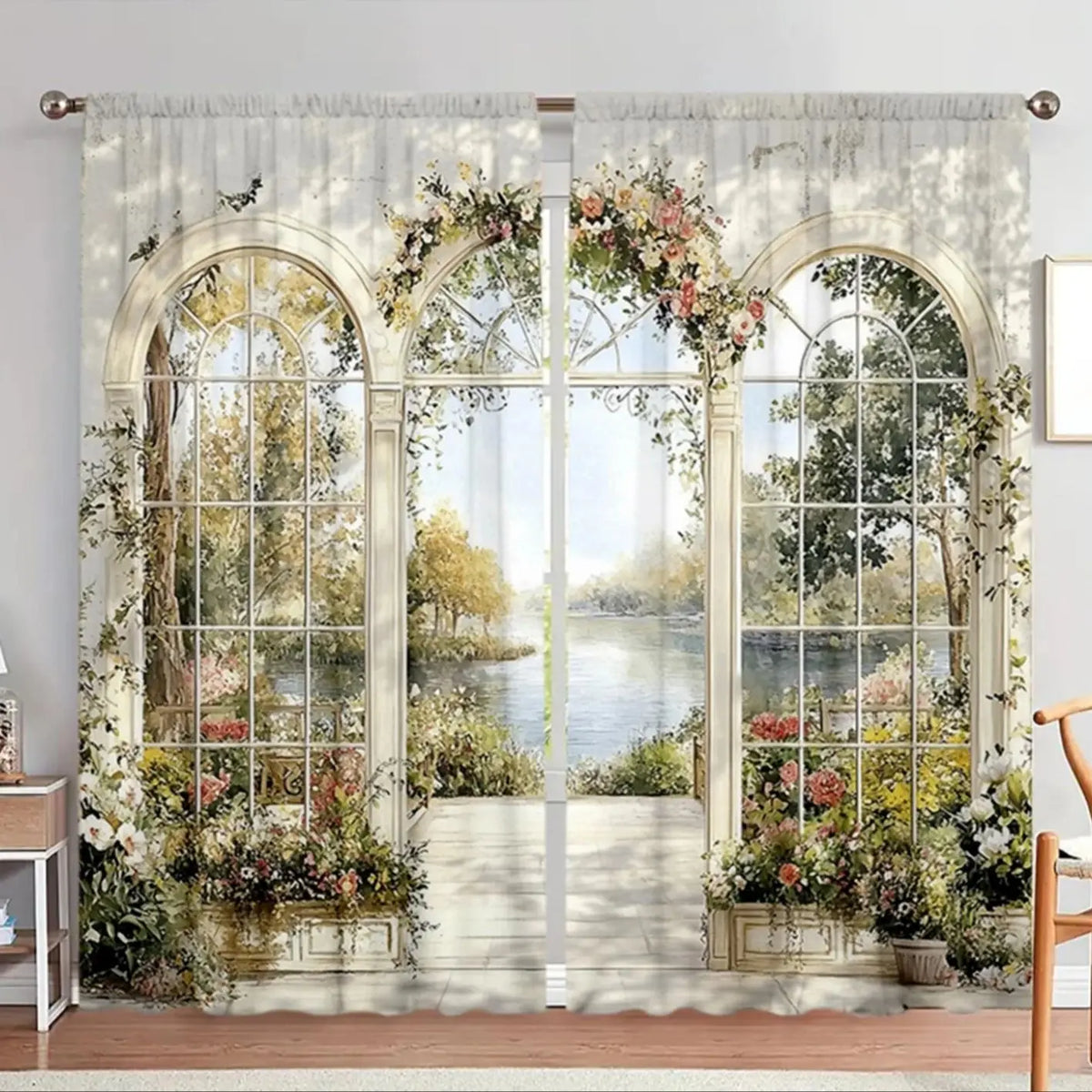 rideaux classiques imprimés paysage floral fenêtre arche blanc vert bleu rose jaune beige