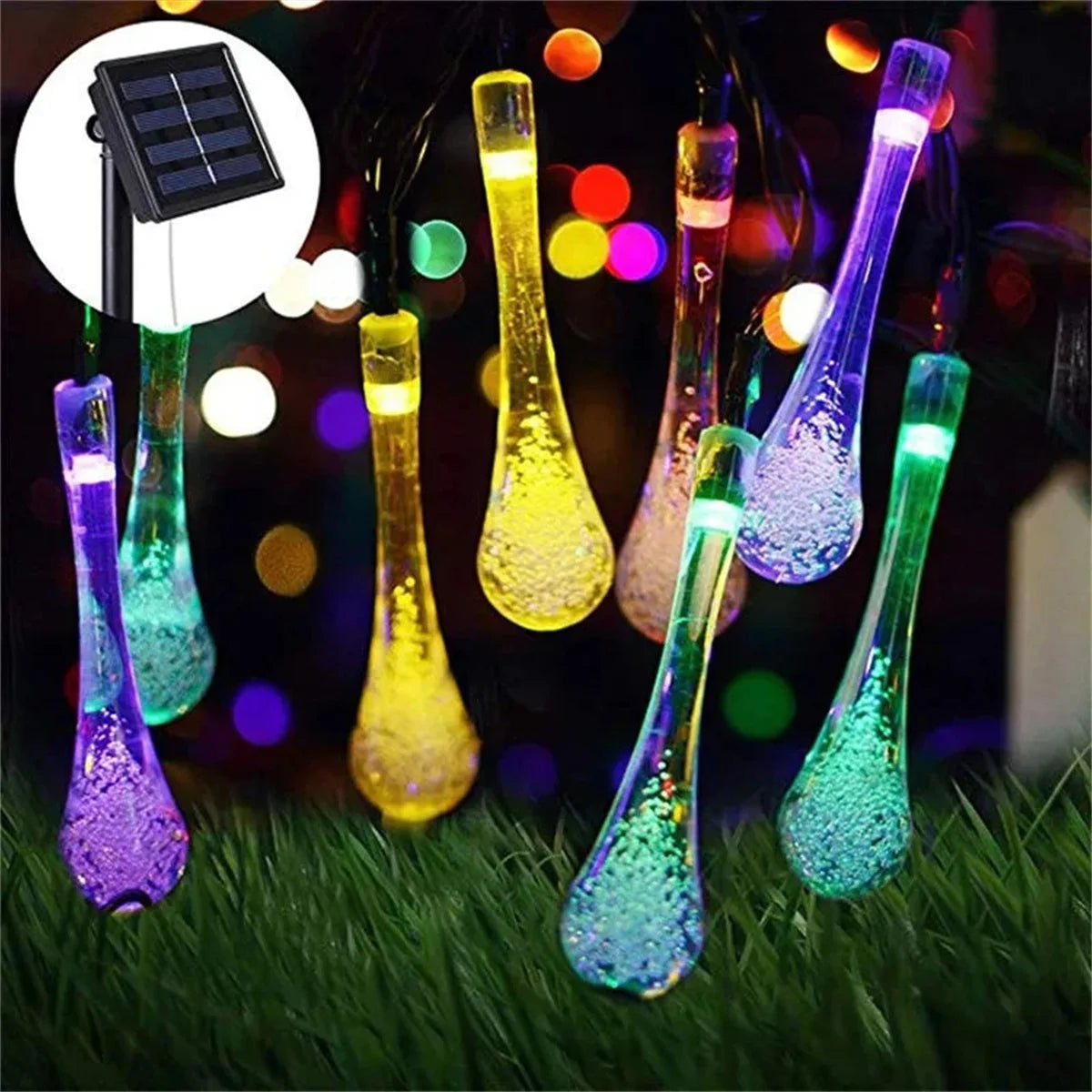 guirlande lumineuse solaire 12m 100led multicolore gouttes d'eau moderne extérieur jardin