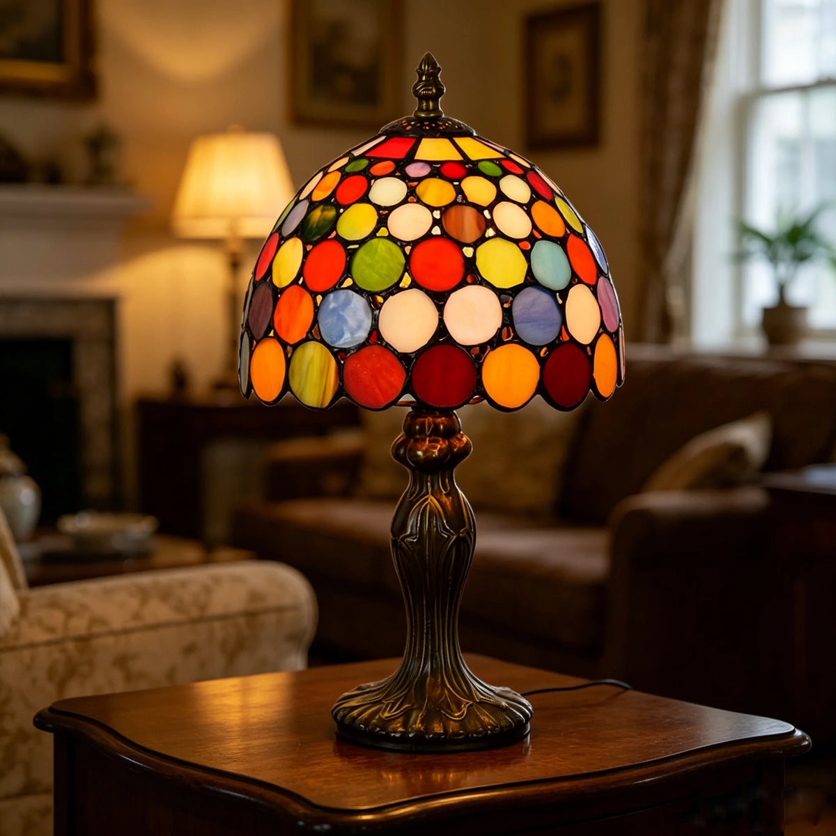 lampe table tiffany multicolore verre translucide abat jour motifs circulaires base sculptée vintage 36cm