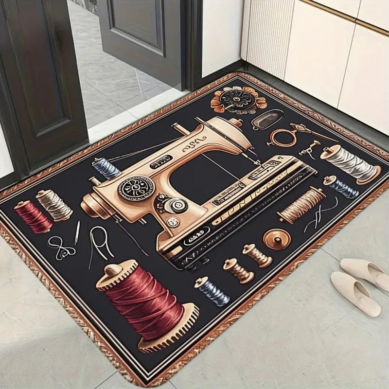 tapis vintage machine coudre noir doré rouge blanc antidérapant polyester doux motifs floraux artisanal