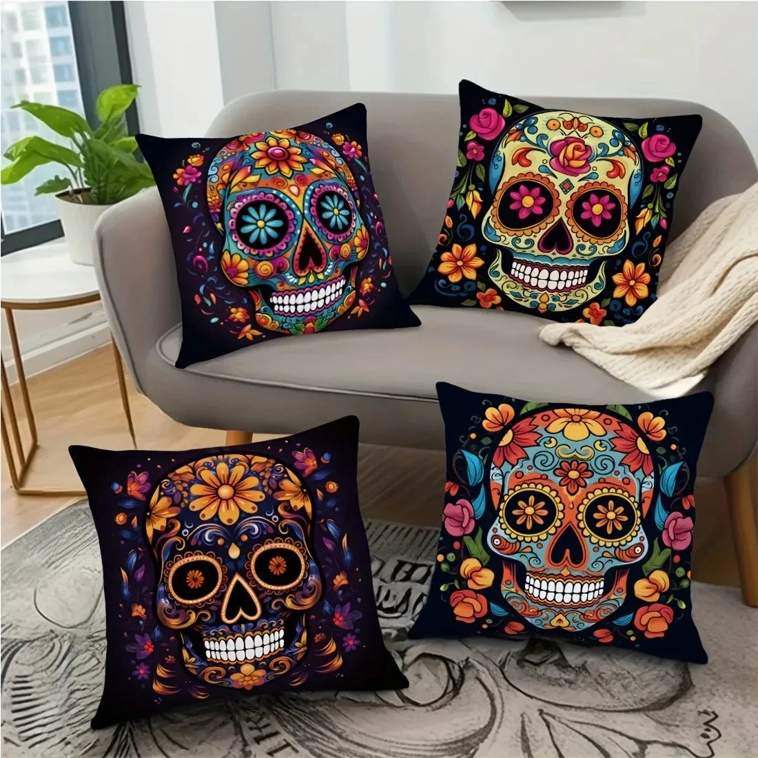 taies d'oreiller halloween crâne fleurs colorées deco maison lit polyester opacité artistique