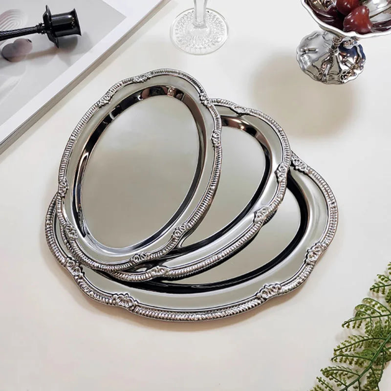 plateau ovale argenté ornements floraux classique fourchette cuillère rangement desserts bijoux collations