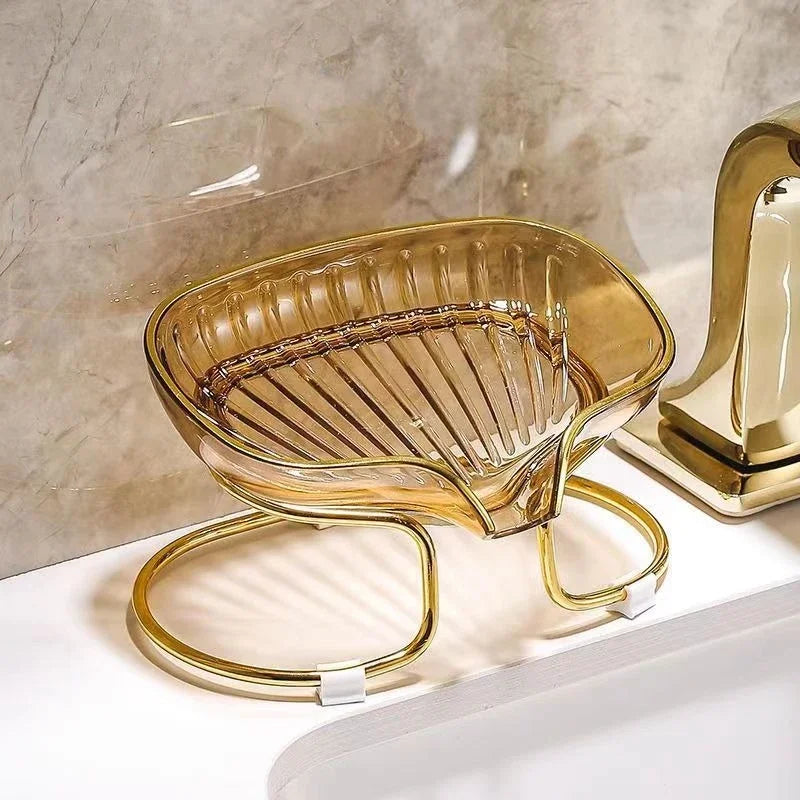 support savon moderne élégant vert doré rayures verticales clips salle bains organisateur éponge