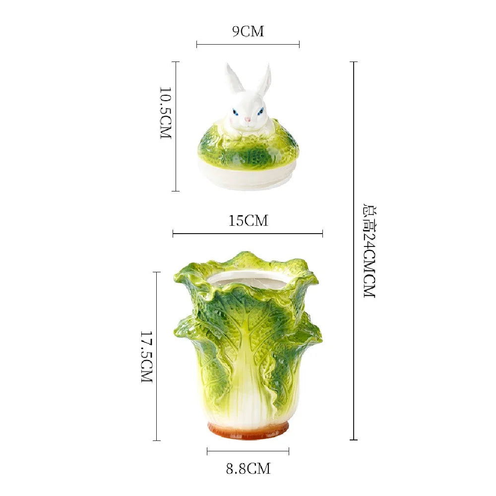 récipient decoratif forme chou couvercle lapin céramique vert blanc orange texturé ludique domestique hermétique