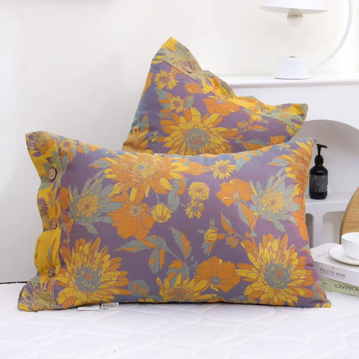 taies d'oreiller coton fleur vintage bleu orange gris décoration lit non toxique écologique