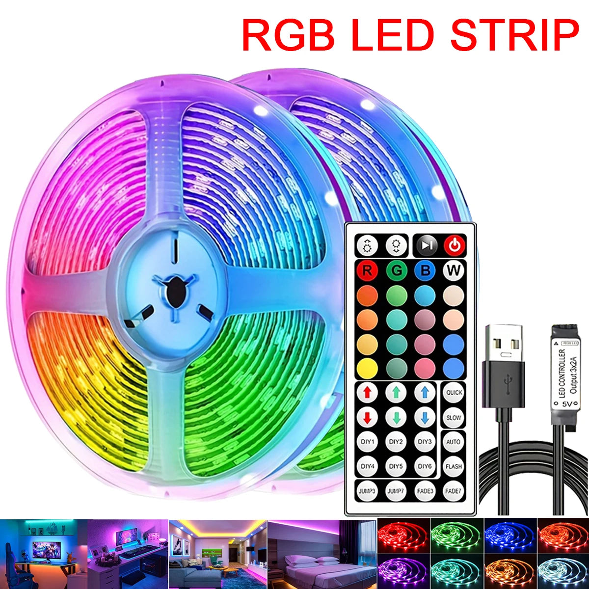 ruban led rgb multicolore moderne télécommande adhésif chargeur usb chambre