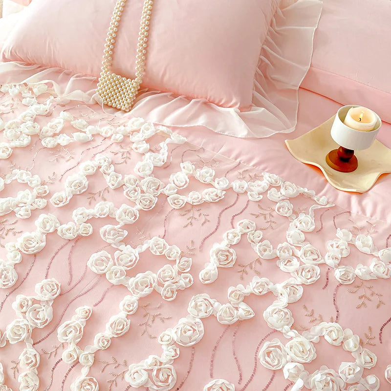 ensemble literie romantique rose broderie roses blanches fronces taies d'oreiller drap plat king queen