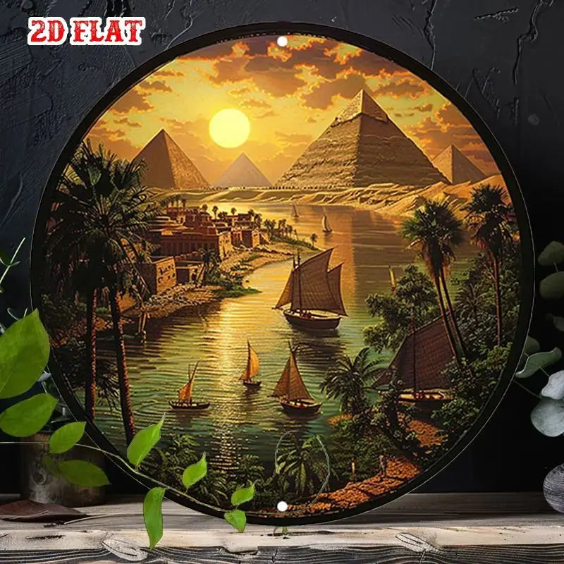 cadre mural vintage océan coucher soleil bleu gris marron bordure métallique vieillie 20x20cm
