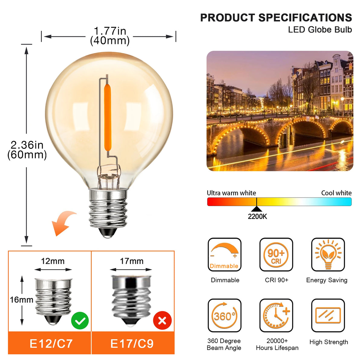 guirlande lumineuse led ampoules globe verre jaune orangé industrielle vintage imperméable extérieure 220v