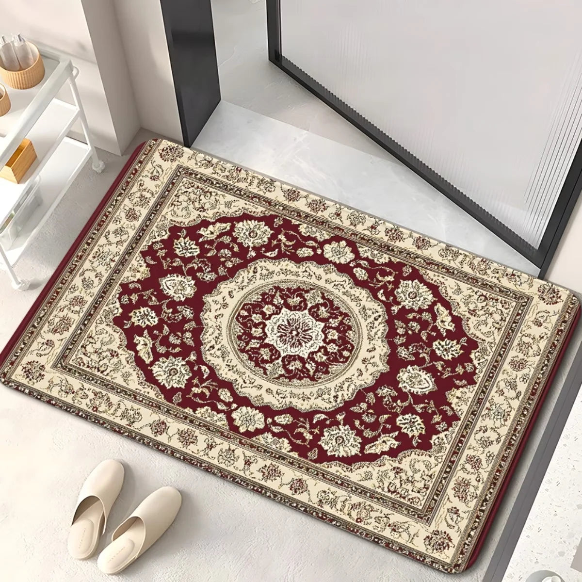 tapis entrée bleu marine rouge bordeaux ornements floraux motifs géométriques classique 40x60cm 50x80cm résistant