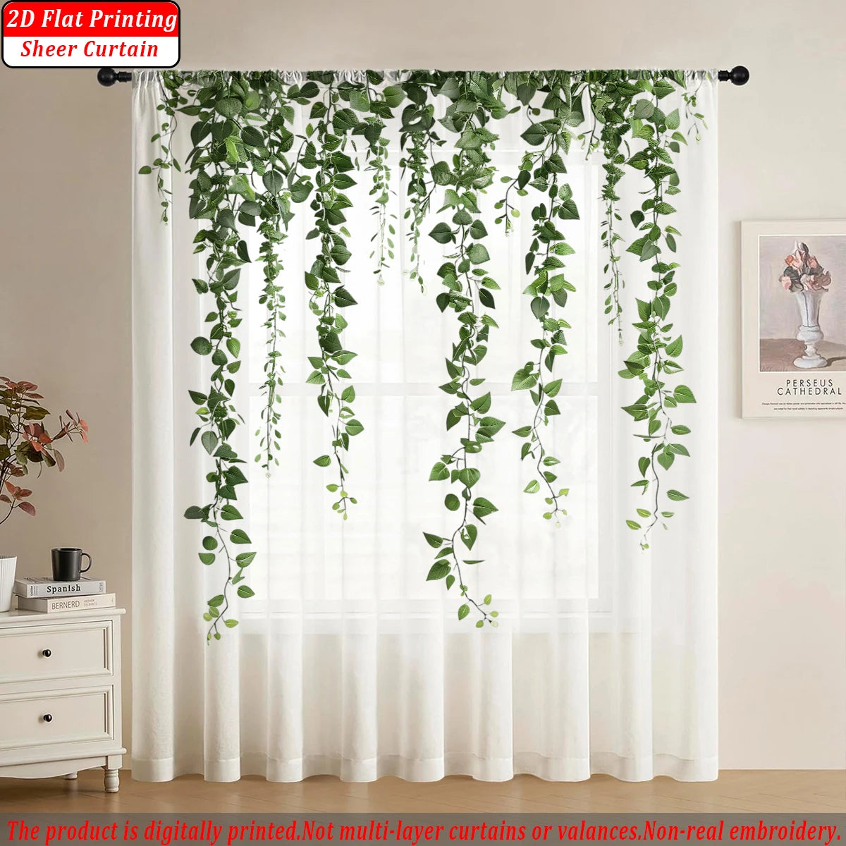 rideau fin imprimé lierre vert transparent bohème salon chambre maison tringle métallique