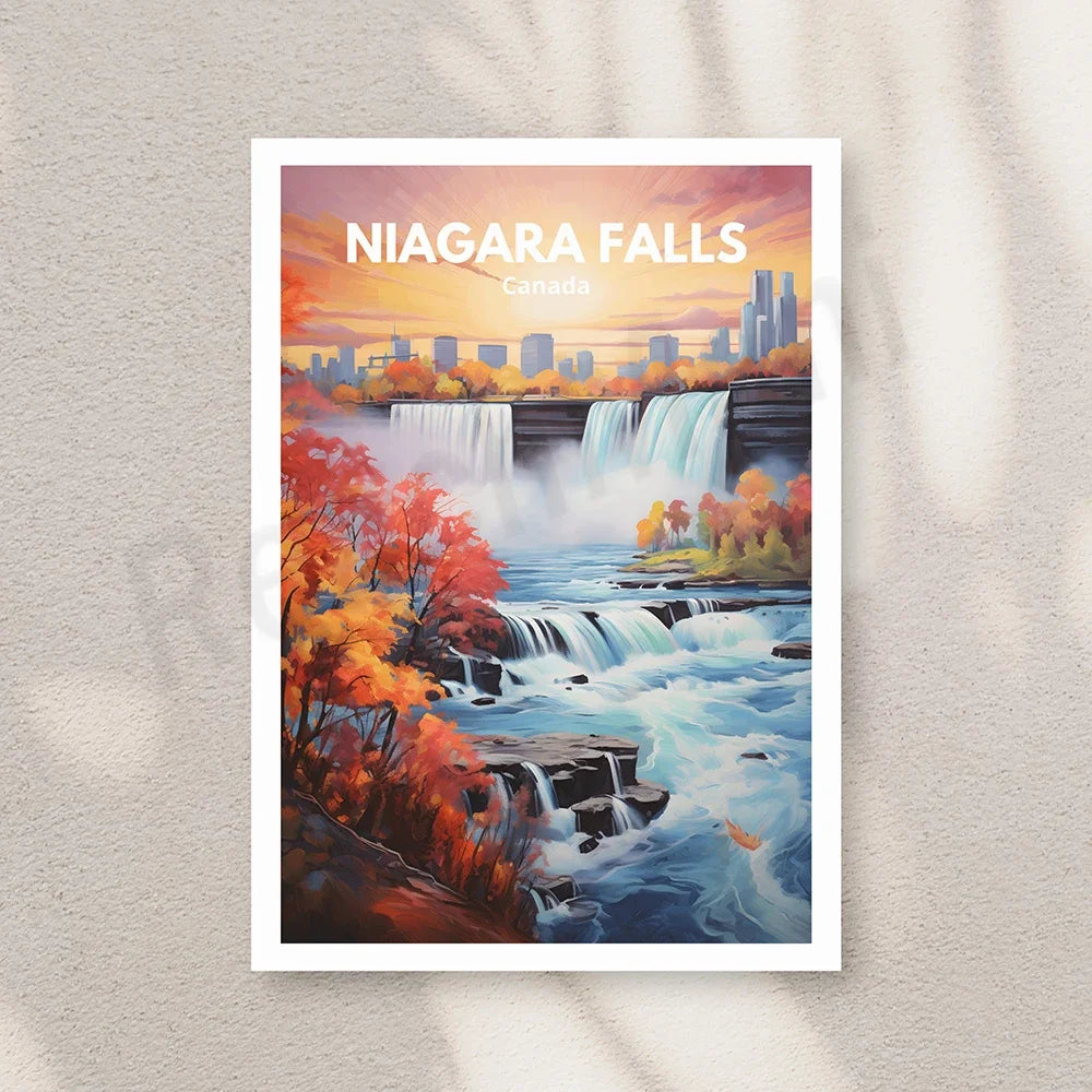 Magnifique paysage des chutes du Niagara au Canada, avec une vue panoramique sur la cascade d'eau puissante entourée d'arbres colorés en automne et d'un horizon urbain.