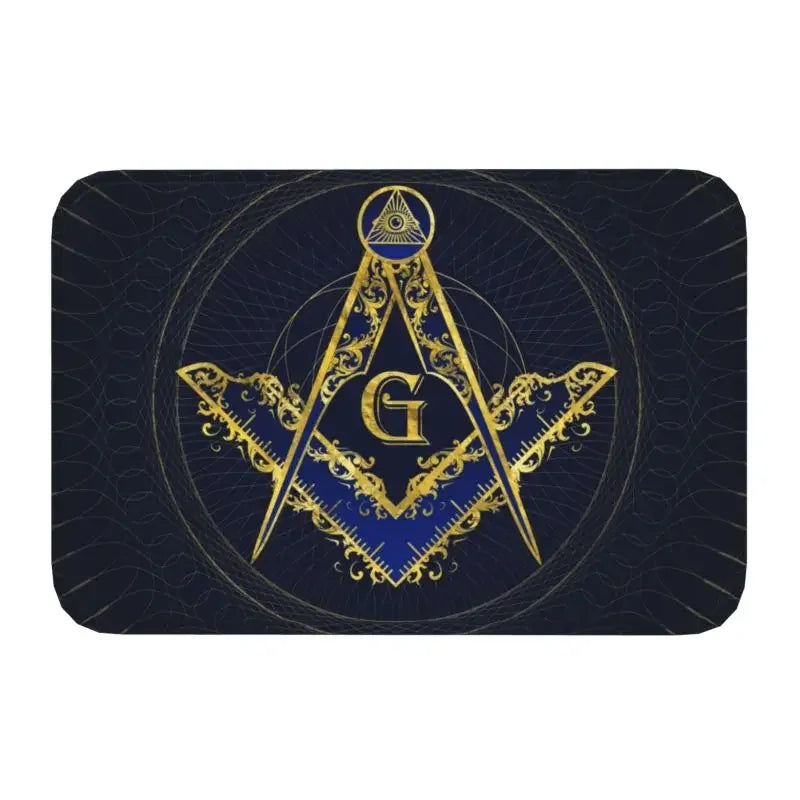 tapis sol antidérapant symbole maçonnique bleu foncé doré classique couloir bain salon 60x40cm polyester