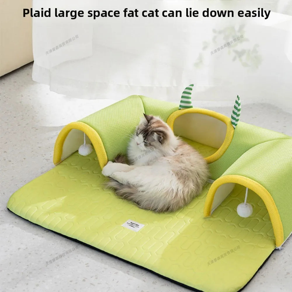 lit chat tapis respirant tissu géométrique moderne vert clair jaune bleu clair