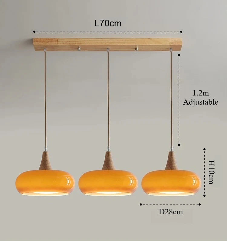 suspension lumineuse moderne orange bois naturel opacité chaînes métalliques salon restaurant étude chambre exposition