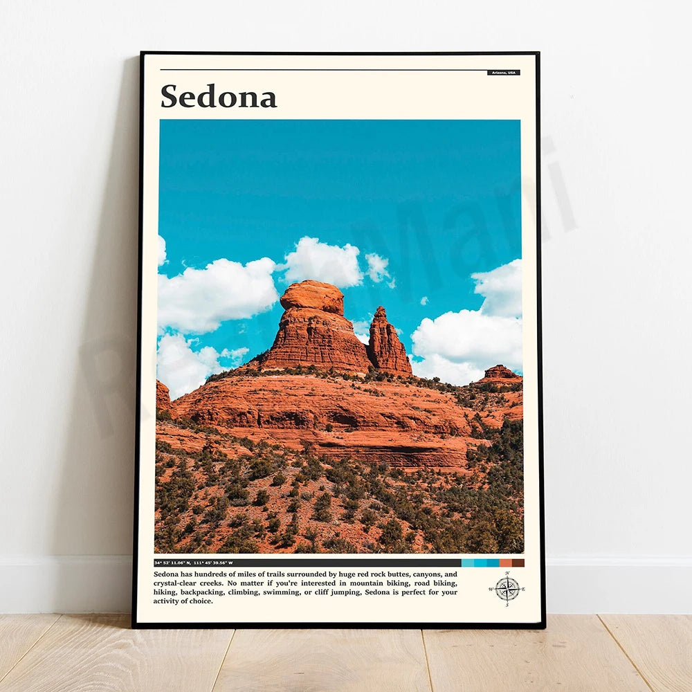 Le paysage de Sedona, avec ses buttes de roches rouges et ciel bleu parsemé de nuages, offre un environnement naturel idéal pour diverses activités en plein air comme la randonnée, le vélo ou l'escalade.