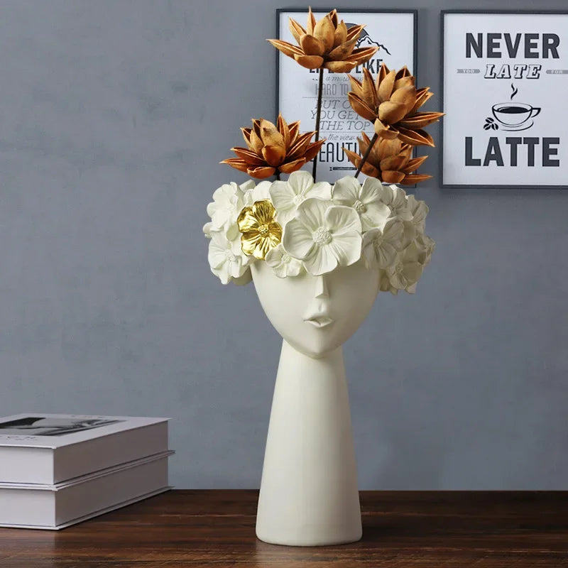 vase décoration buste féminin moderne fleurs artificielles couleurs variées blanc noir bleuclair crème grisfoncé