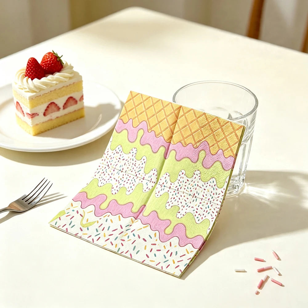 serviettes papier motifs desserts pliées rose vert jaune blanc festives anniversaire enfants transparentes