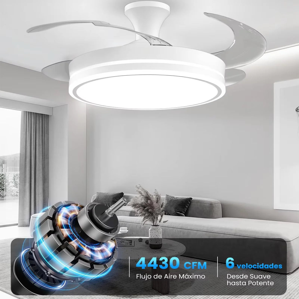 ventilateur blanc moderne vitesses lumière tricolore led télécommande