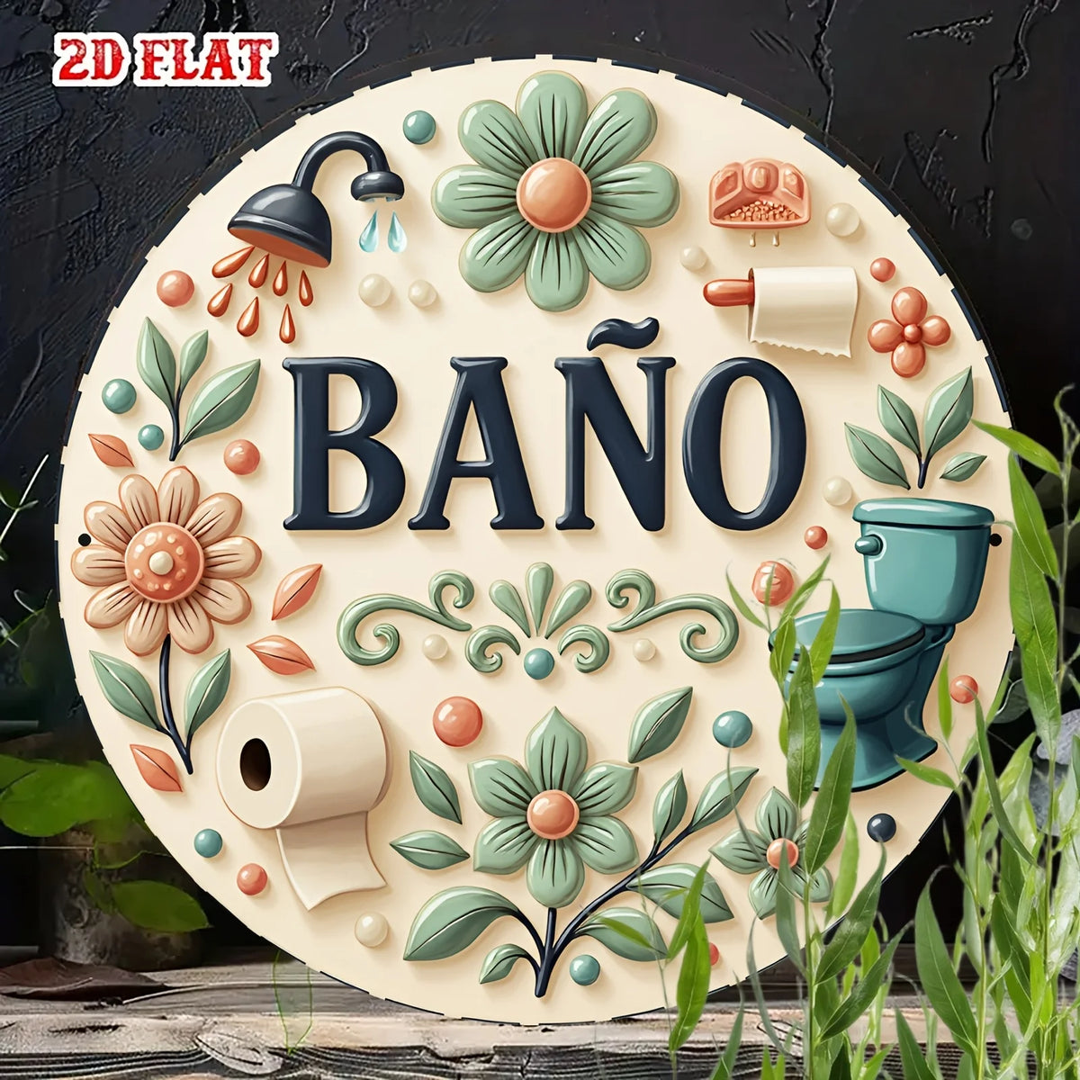 plaque décorative artisanale motif floral salle bain beige vert orange bleu toiletes douchette