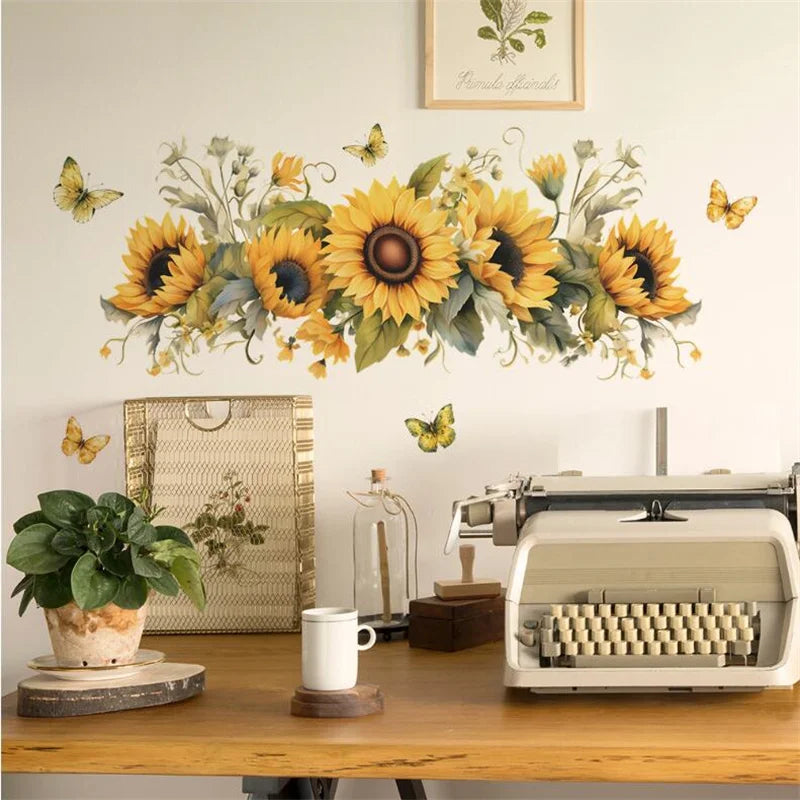 sticker mural fleurs tournesol papillons vintage jaune vert naturel adhésif chambre enfant cuisine diy