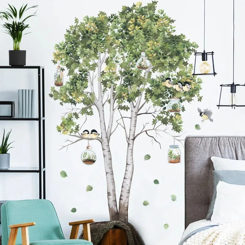 stickers muraux aquarelle plante pot cactus succulente oiseau papillon étagère bois nature bohème chambre