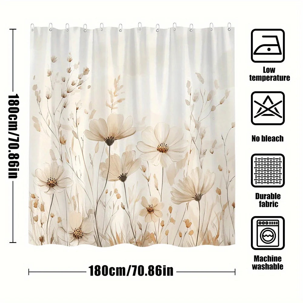 rideau douche moderne floral polyester blanc beige anneaux métalliques opaques grande taille machine laver