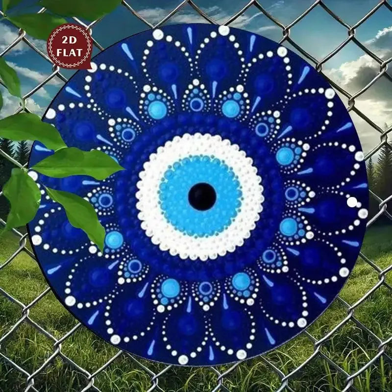 plaque décorative mandala œil central bleu blanc métal artisanal protection concentrique 20cm rond