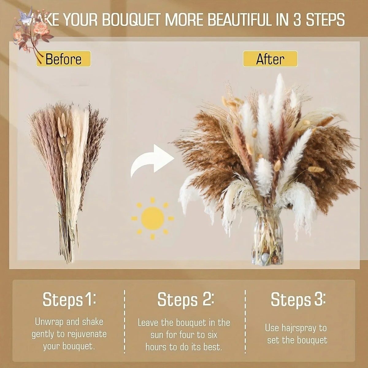 bouquet pampas séchés décoration bohème blanc beige vases différents mariage anniversaire