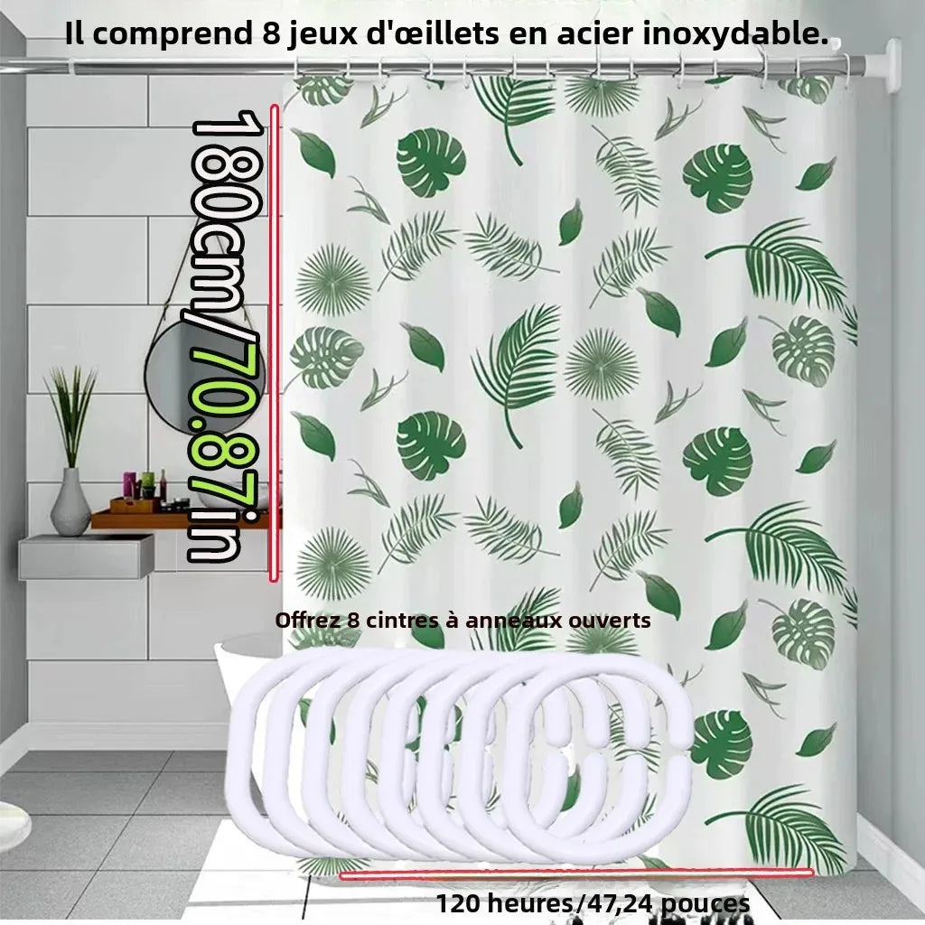 rideau douche feuilles tropicales blanc vert moderne opacité respectueux environnement cintres inoxydables