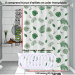 rideau douche feuilles tropicales blanc vert moderne opacité respectueux environnement cintres inoxydables