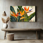 toile d'art moderne fleurs tropicales oiseau paradis abstrait vert orange bleu beige salon maisonDecoration