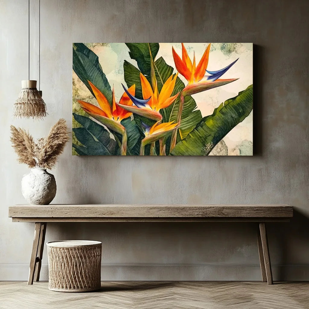 toile d'art moderne fleurs tropicales oiseau paradis abstrait vert orange bleu beige salon maisonDecoration