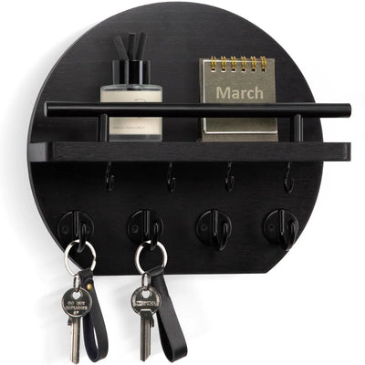 Porte-clés mural en bois noir avec crochets et porte-courrier