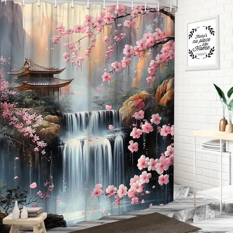rideau douche moderne fleurs cascade paysage oriental opaque polyester respectueux environnement blanc rose gris
